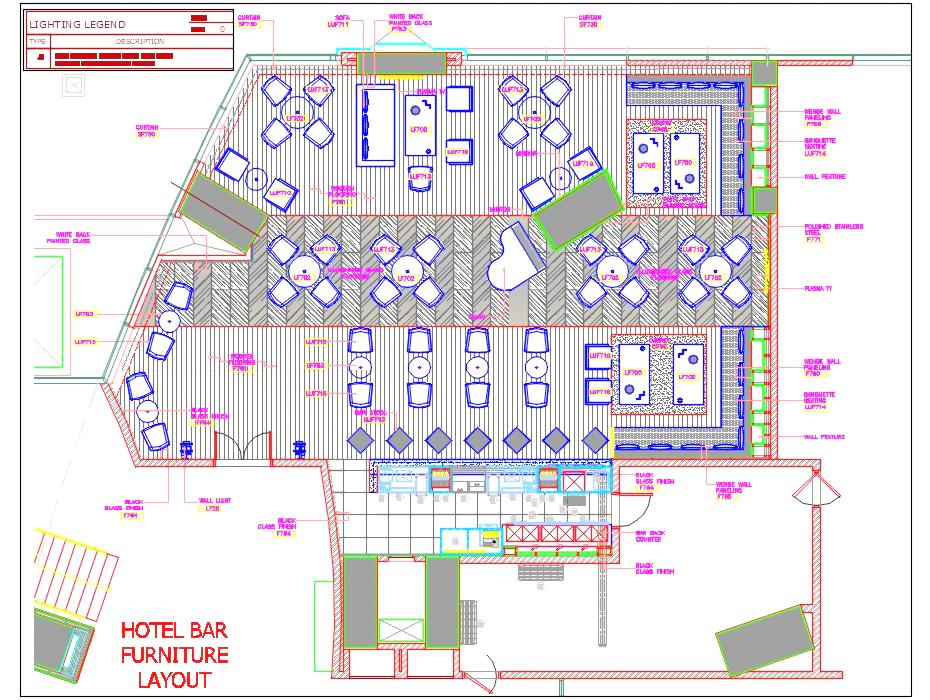 Bar and Restaurant Interior Floor Plan DWG for AutoCAD